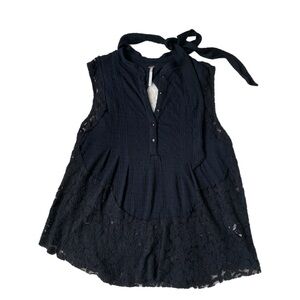 Free People Boho Black Sleeveless Lace Button Blouse with Tie Women’s Small
